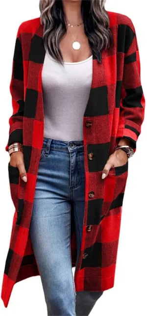 Womens Long Flannel Jacket Lounge Lapel Button Down Plaid Shirt Jacket Shacket Woolen Blend Trench Coat Cardigan Coats