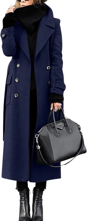 Womens Long Pea Coat Double Breasted Lapel Wool Blend Coat Casual Winter Overcoat