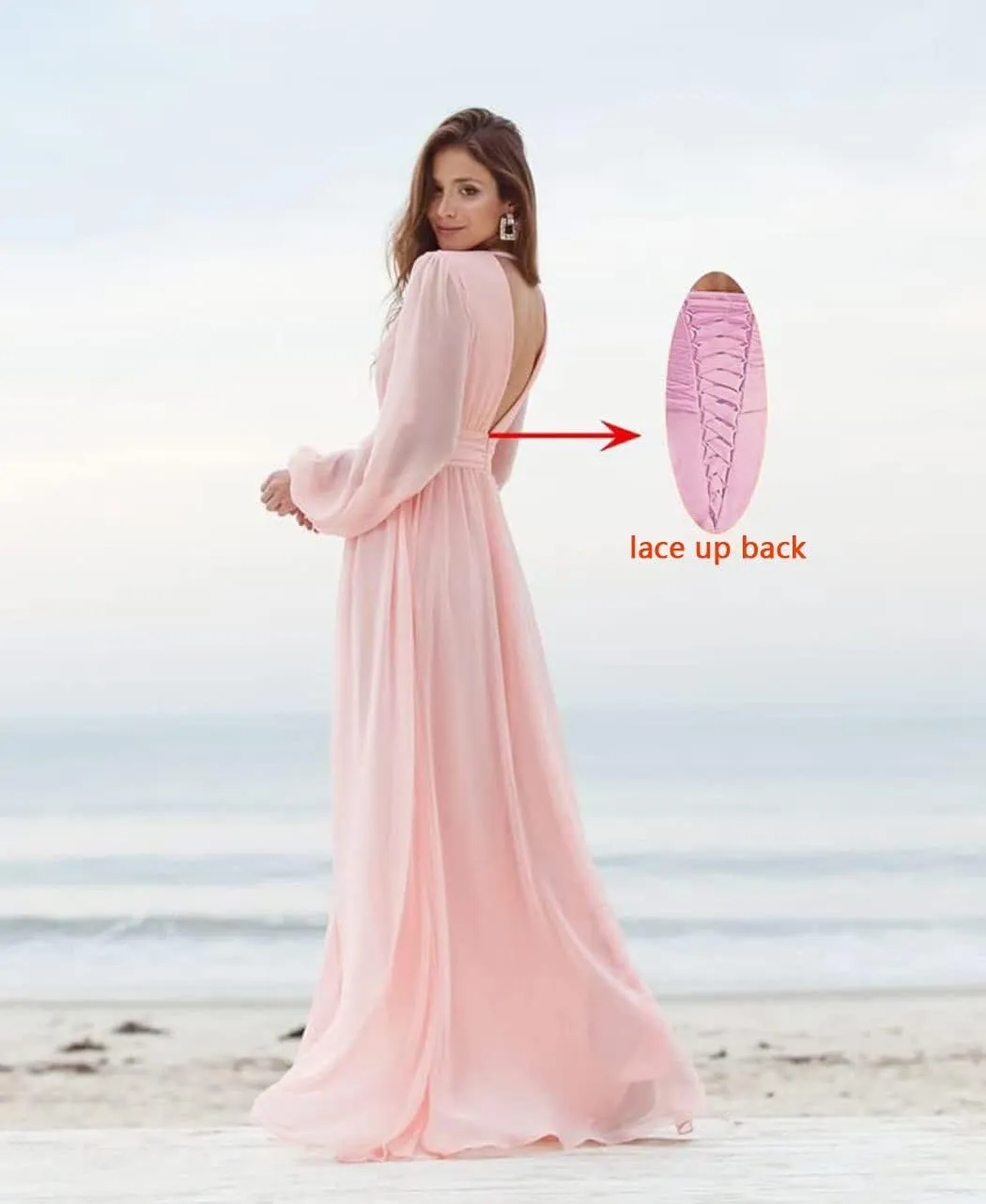 Women's Long Sleeve Bridesmaid Dresses with Slit V Neck Chiffon A Line Formal Prom Dresses Evening Gowns