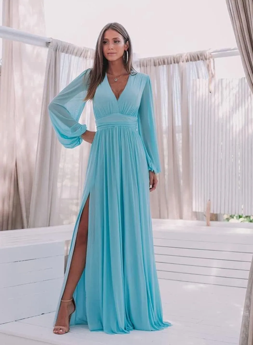 Women's Long Sleeve Bridesmaid Dresses with Slit V Neck Chiffon A Line Formal Prom Dresses Evening Gowns