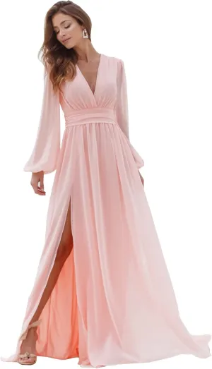 Women's Long Sleeve Bridesmaid Dresses with Slit V Neck Chiffon A Line Formal Prom Dresses Evening Gowns