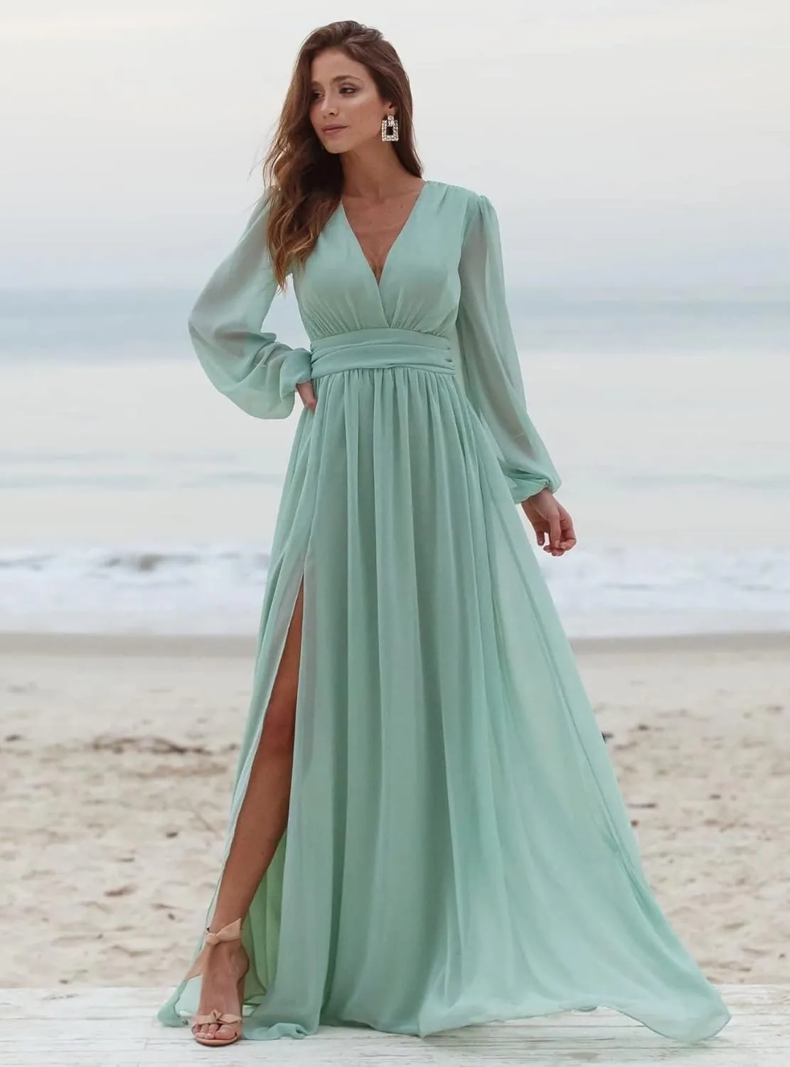 Women's Long Sleeve Bridesmaid Dresses with Slit V Neck Chiffon A Line Formal Prom Dresses Evening Gowns