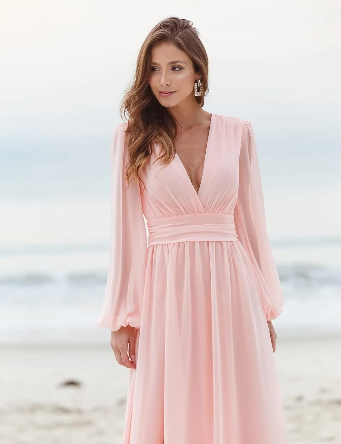 Women's Long Sleeve Bridesmaid Dresses with Slit V Neck Chiffon A Line Formal Prom Dresses Evening Gowns