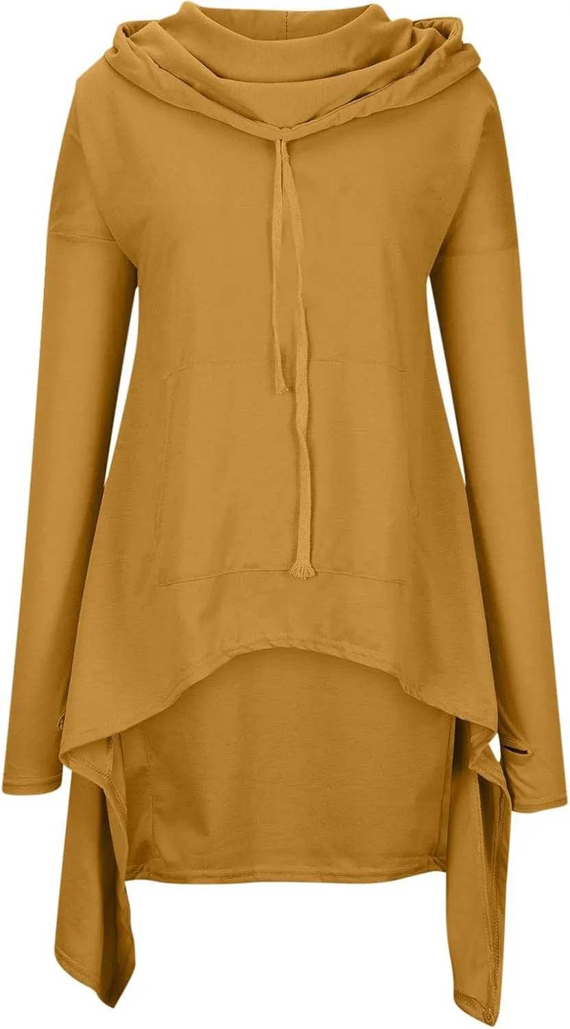 Womens Long Sleeve Pullover Hoodies Solid Color Turtle Neck High Low Hem Sweatshirt Loose Fit Casual Fall Fashion Tops