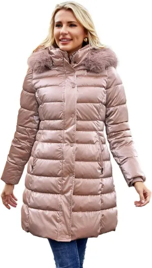 Women's Long Winter Coat Puffer Warm Down Jacket with Detachable Hood Removable Faux Fur Trim Thickened Jacket