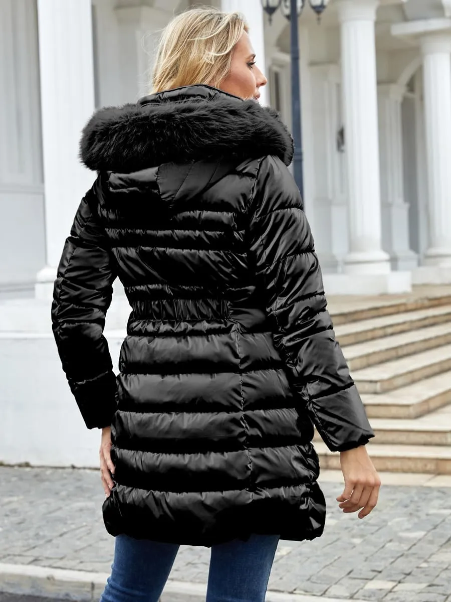 Women's Long Winter Coat Puffer Warm Down Jacket with Detachable Hood Removable Faux Fur Trim Thickened Jacket