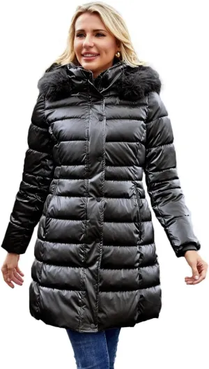 Women's Long Winter Coat Puffer Warm Down Jacket with Detachable Hood Removable Faux Fur Trim Thickened Jacket