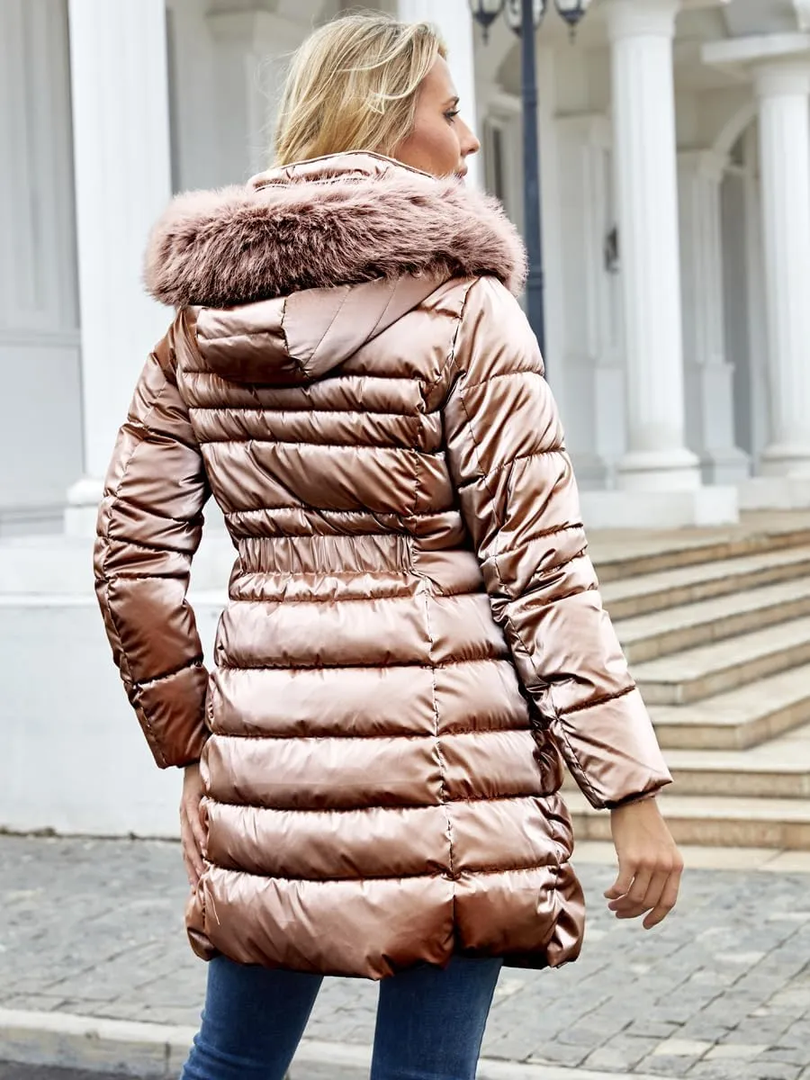 Women's Long Winter Coat Puffer Warm Down Jacket with Detachable Hood Removable Faux Fur Trim Thickened Jacket
