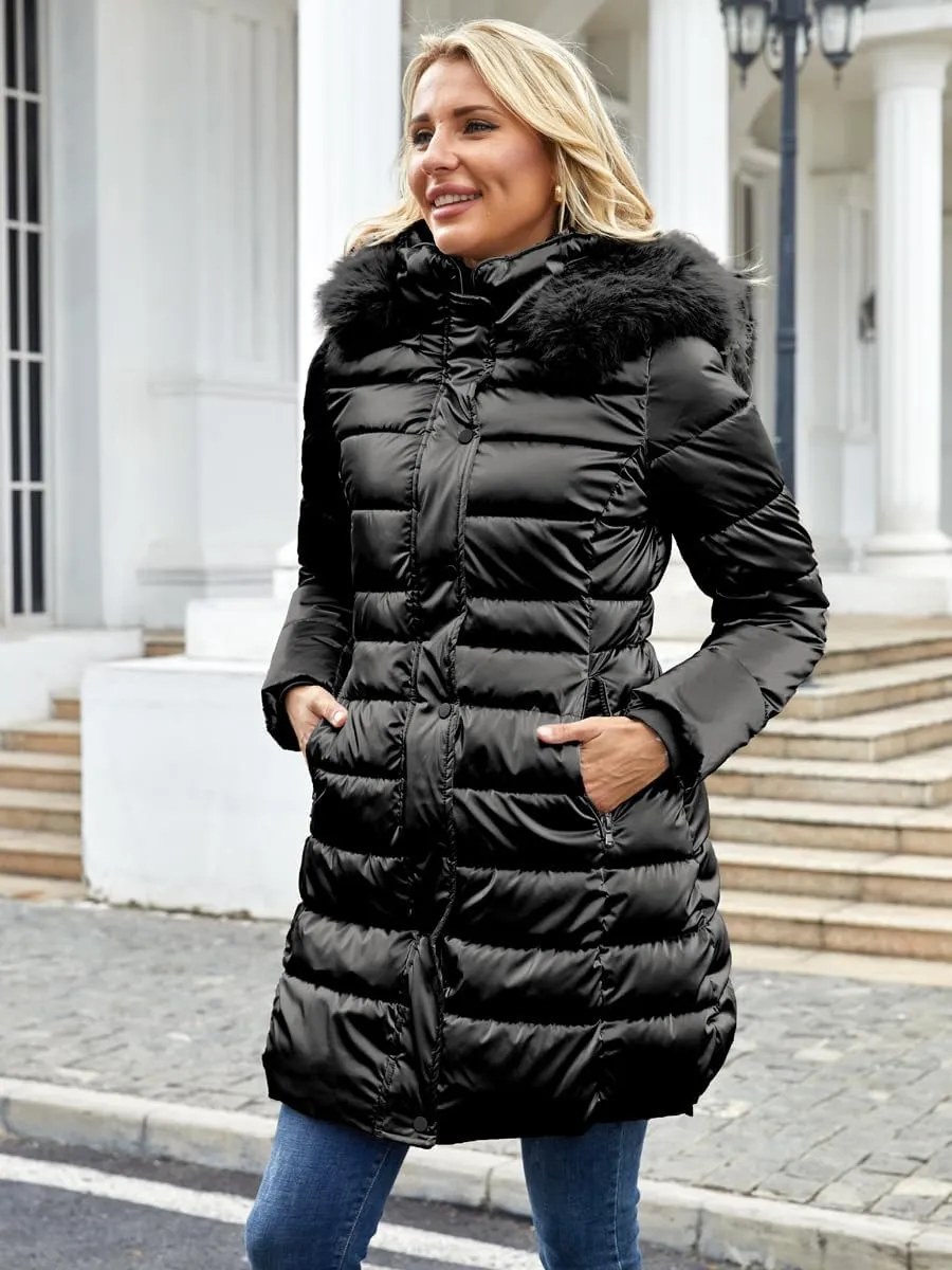 Women's Long Winter Coat Puffer Warm Down Jacket with Detachable Hood Removable Faux Fur Trim Thickened Jacket