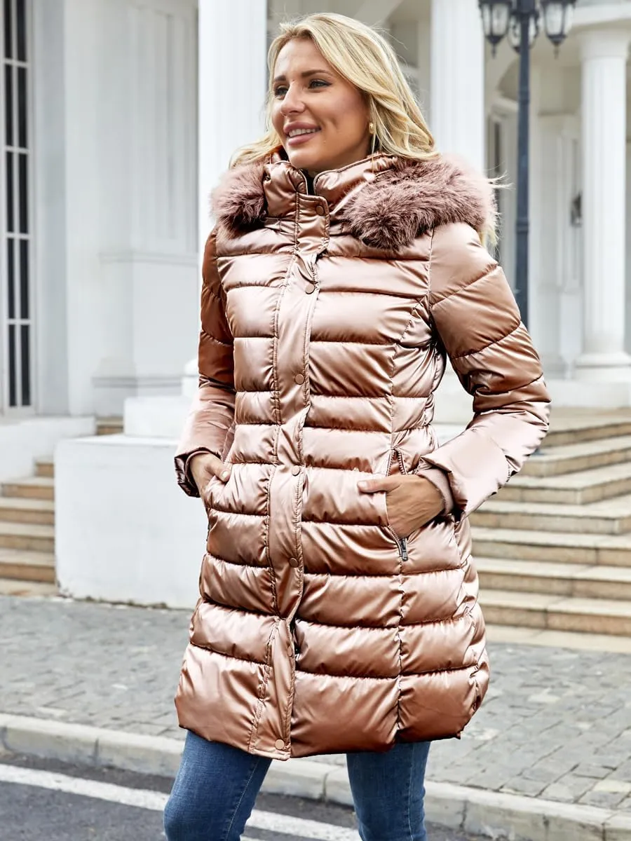 Women's Long Winter Coat Puffer Warm Down Jacket with Detachable Hood Removable Faux Fur Trim Thickened Jacket