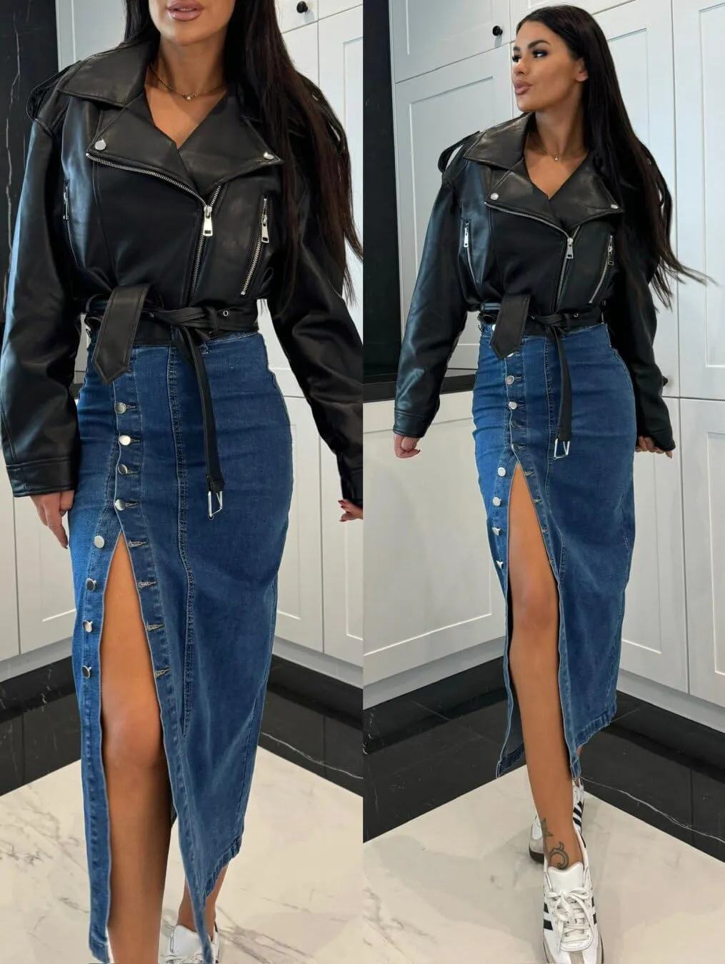 Women's Mid Waist Stretch Denim Skirt Button Hem Slit Denim Slim Skirt Street Out Women's Denim Long Skirt
