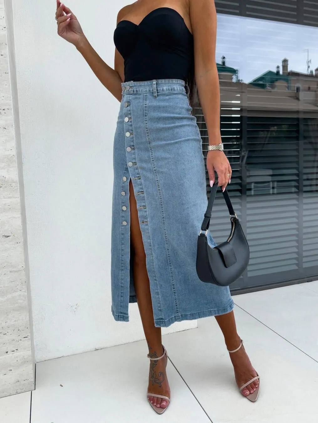 Women's Mid Waist Stretch Denim Skirt Button Hem Slit Denim Slim Skirt Street Out Women's Denim Long Skirt