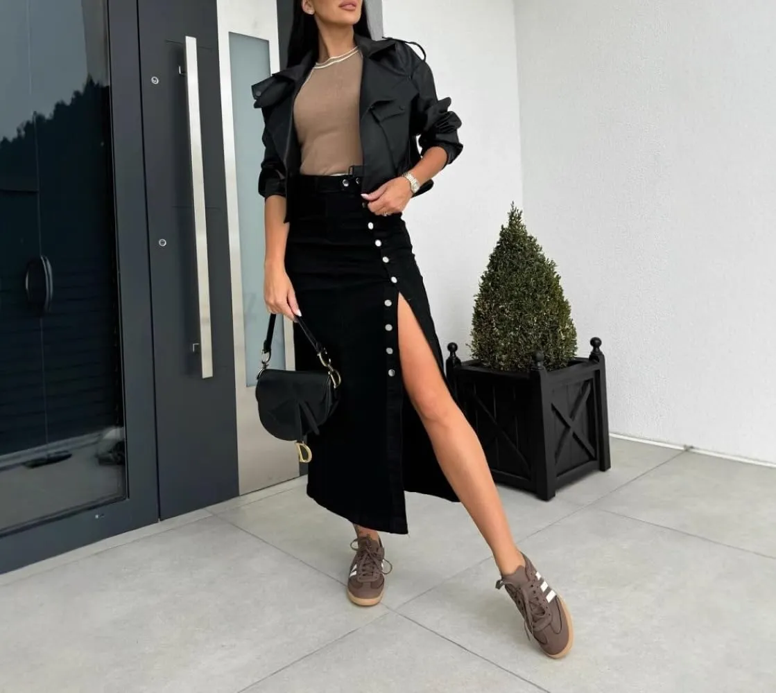 Women's Mid Waist Stretch Denim Skirt Button Hem Slit Denim Slim Skirt Street Out Women's Denim Long Skirt