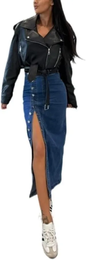 Women's Mid Waist Stretch Denim Skirt Button Hem Slit Denim Slim Skirt Street Out Women's Denim Long Skirt