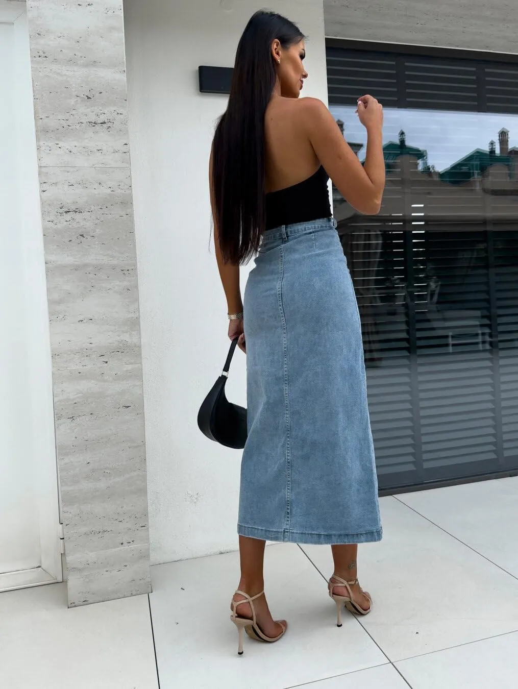 Women's Mid Waist Stretch Denim Skirt Button Hem Slit Denim Slim Skirt Street Out Women's Denim Long Skirt