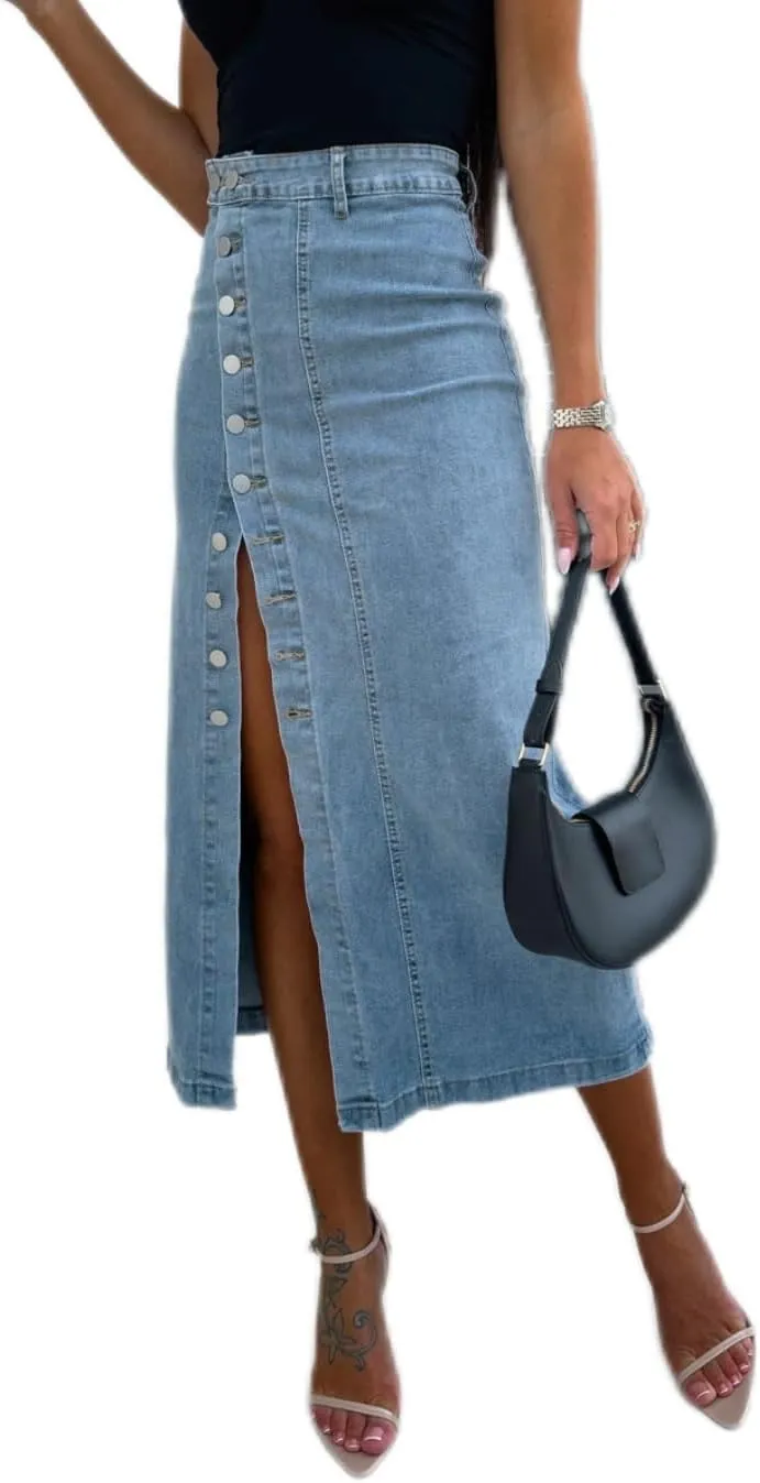 Women's Mid Waist Stretch Denim Skirt Button Hem Slit Denim Slim Skirt Street Out Women's Denim Long Skirt