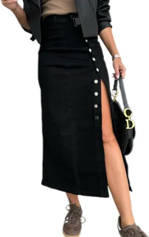 Women's Mid Waist Stretch Denim Skirt Button Hem Slit Denim Slim Skirt Street Out Women's Denim Long Skirt