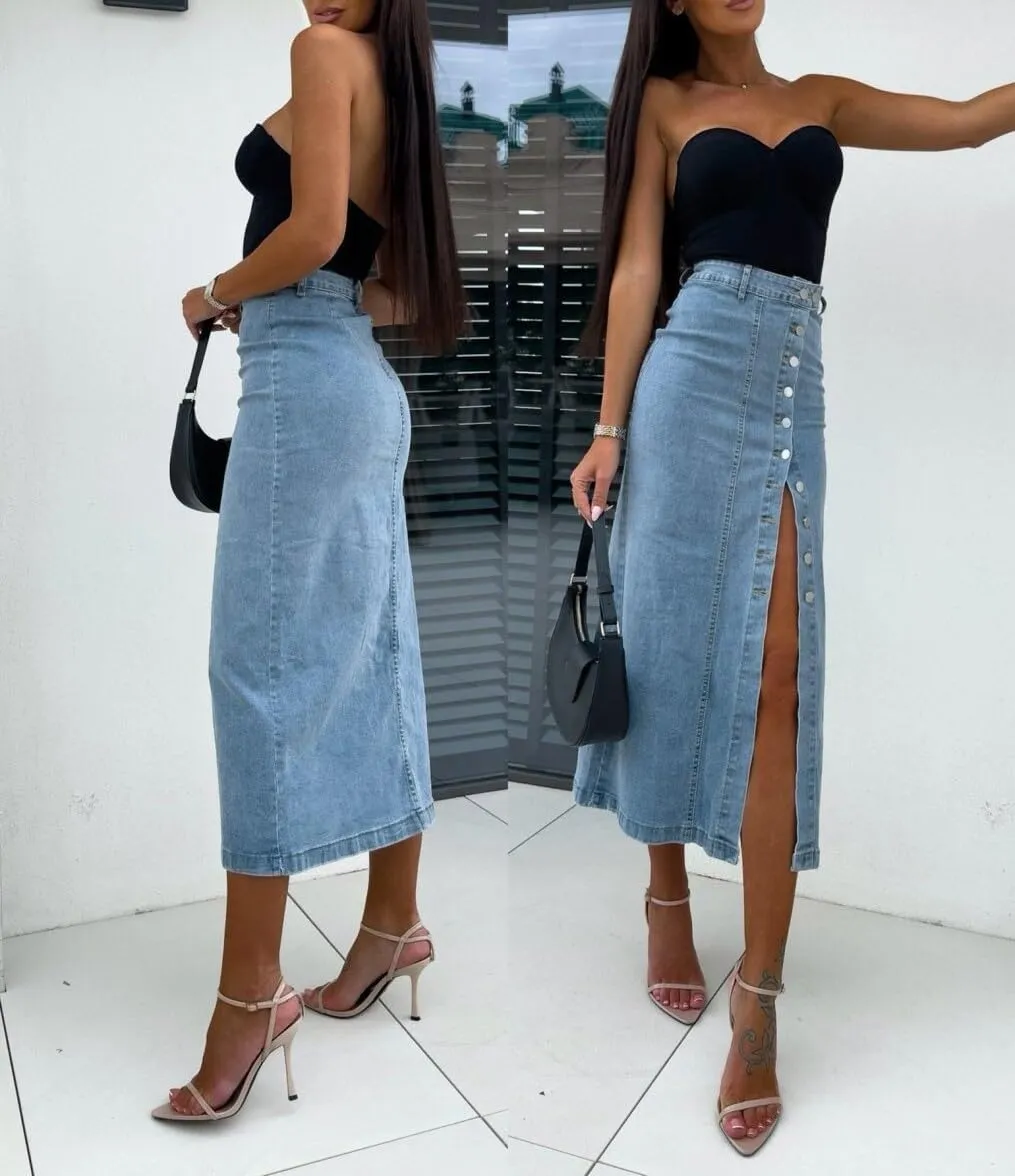 Women's Mid Waist Stretch Denim Skirt Button Hem Slit Denim Slim Skirt Street Out Women's Denim Long Skirt