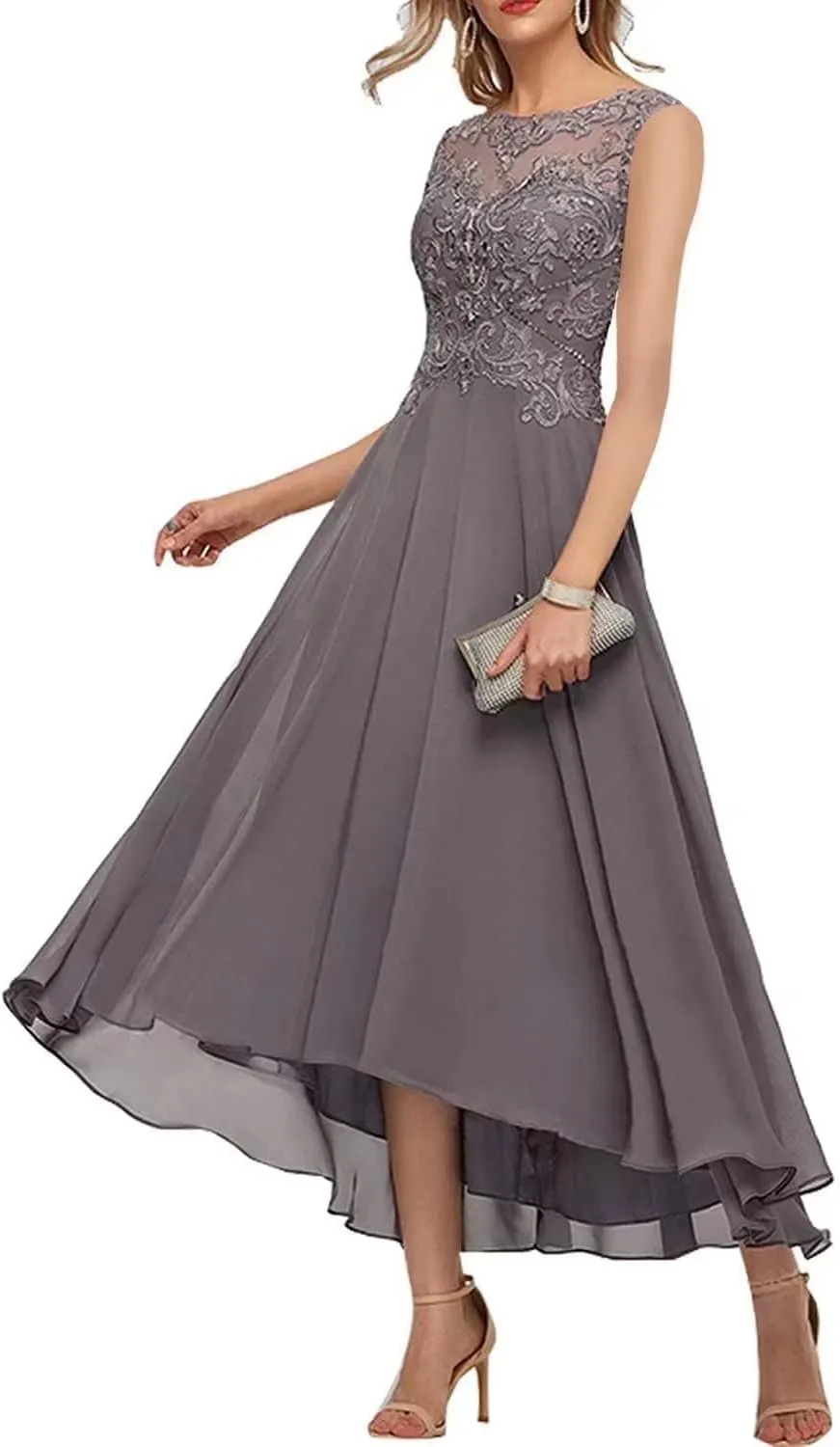 Women's Mother of The Bride Dresses Sleeveless High Low A-line Lace Applique Chiffon Formal Evening Gowns