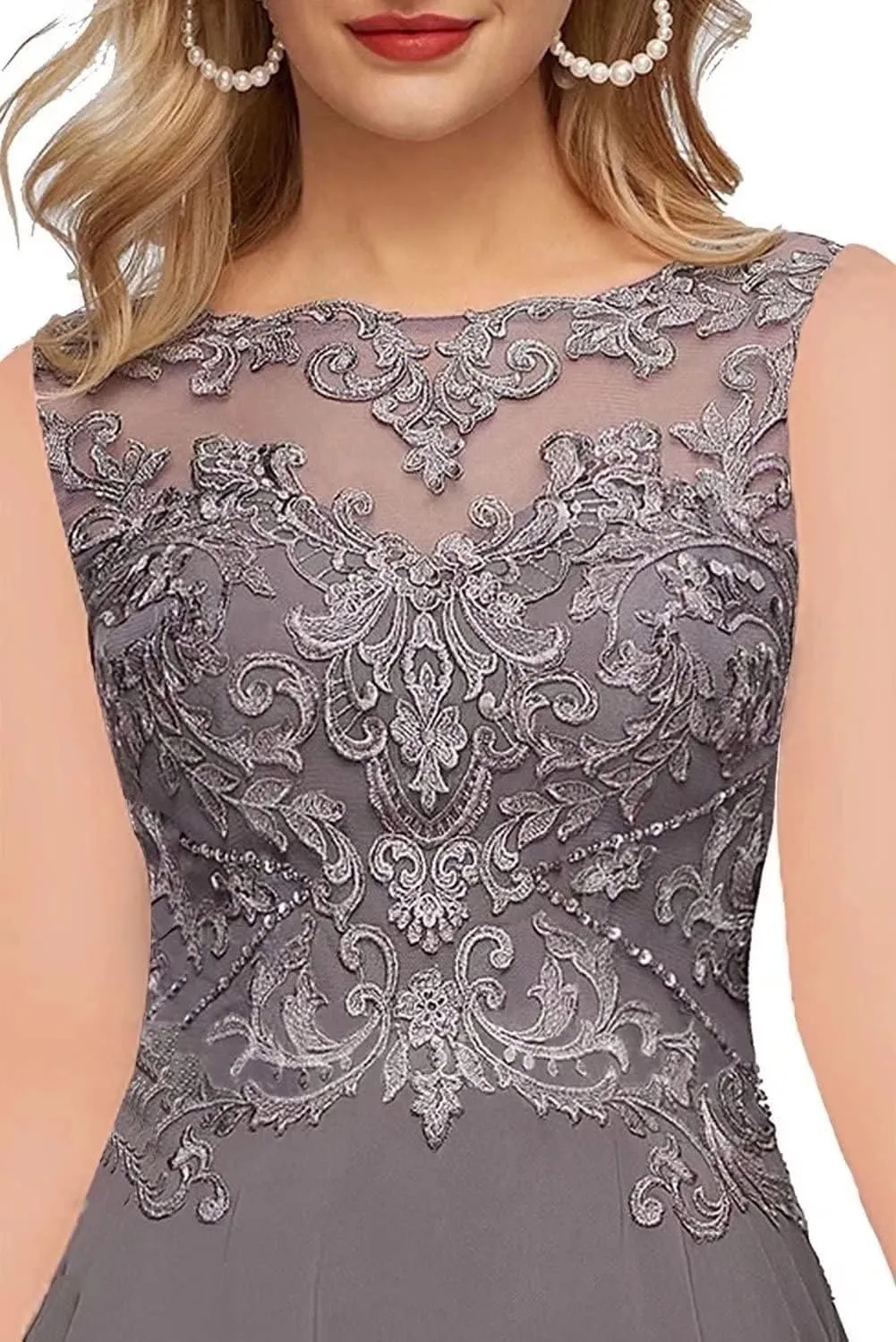 Women's Mother of The Bride Dresses Sleeveless High Low A-line Lace Applique Chiffon Formal Evening Gowns
