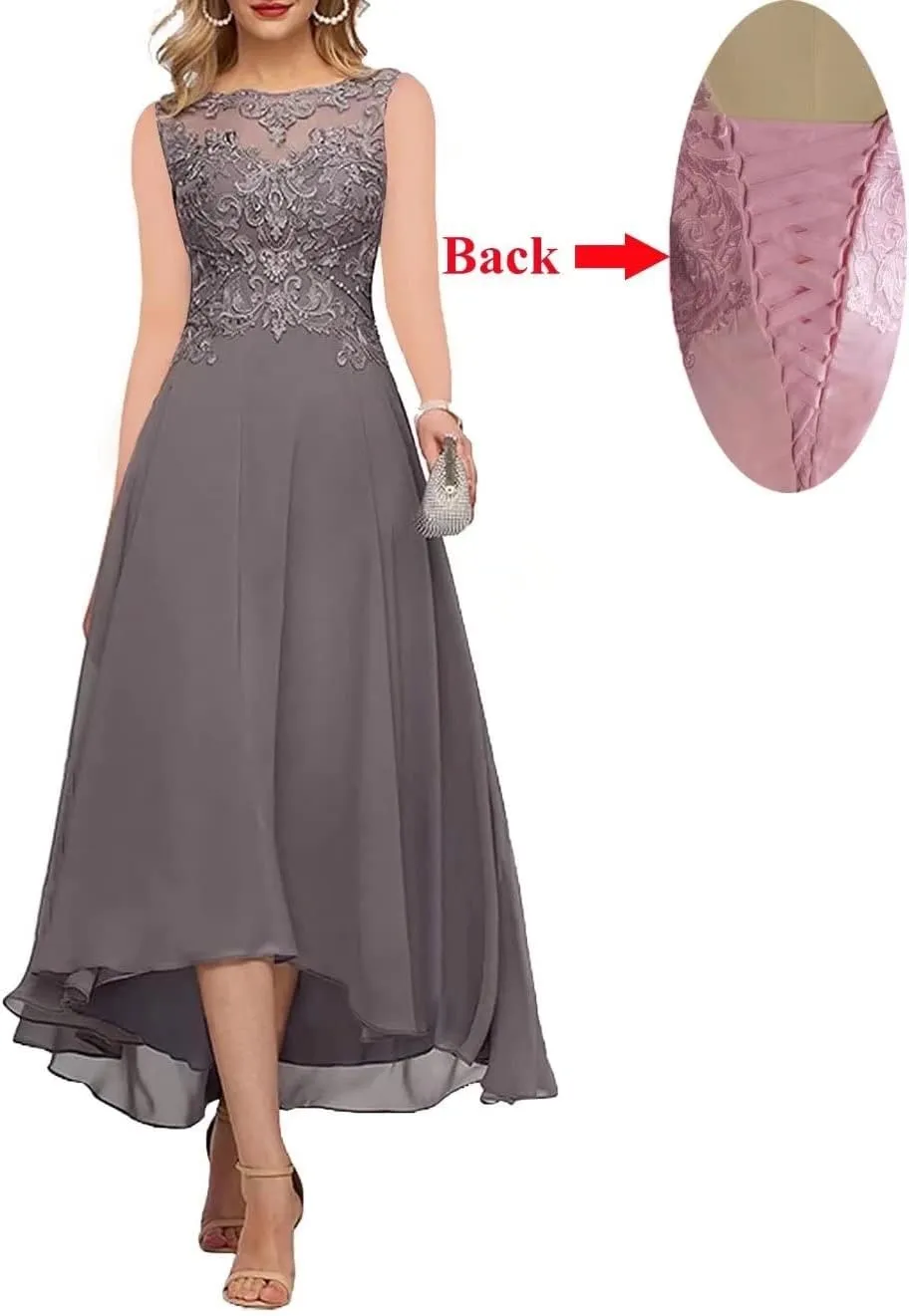 Women's Mother of The Bride Dresses Sleeveless High Low A-line Lace Applique Chiffon Formal Evening Gowns