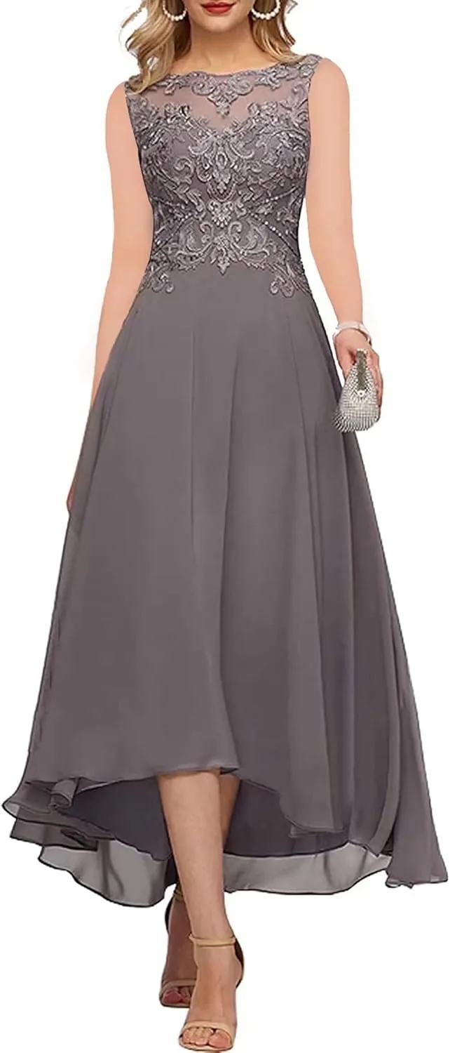 Women's Mother of The Bride Dresses Sleeveless High Low A-line Lace Applique Chiffon Formal Evening Gowns