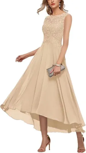 Women's Mother of The Bride Dresses Sleeveless High Low A-line Lace Applique Chiffon Formal Evening Gowns
