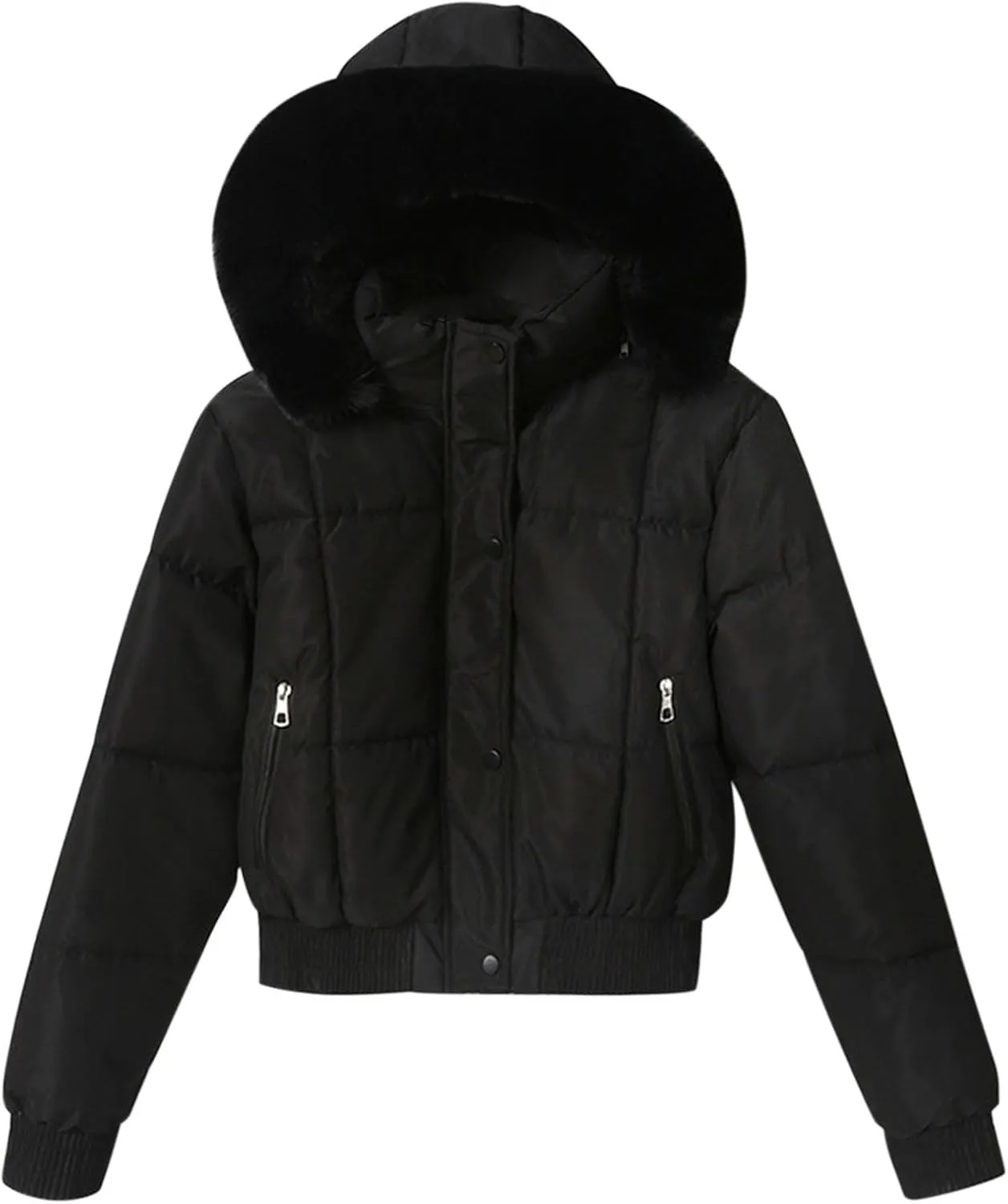 Womens Puffer Fleece Lined Jackets, Hooded Zipper Button Cropped Casual Coats, Down Padded Cotton Winter Outerwear