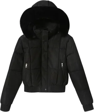 Womens Puffer Fleece Lined Jackets, Hooded Zipper Button Cropped Casual Coats, Down Padded Cotton Winter Outerwear