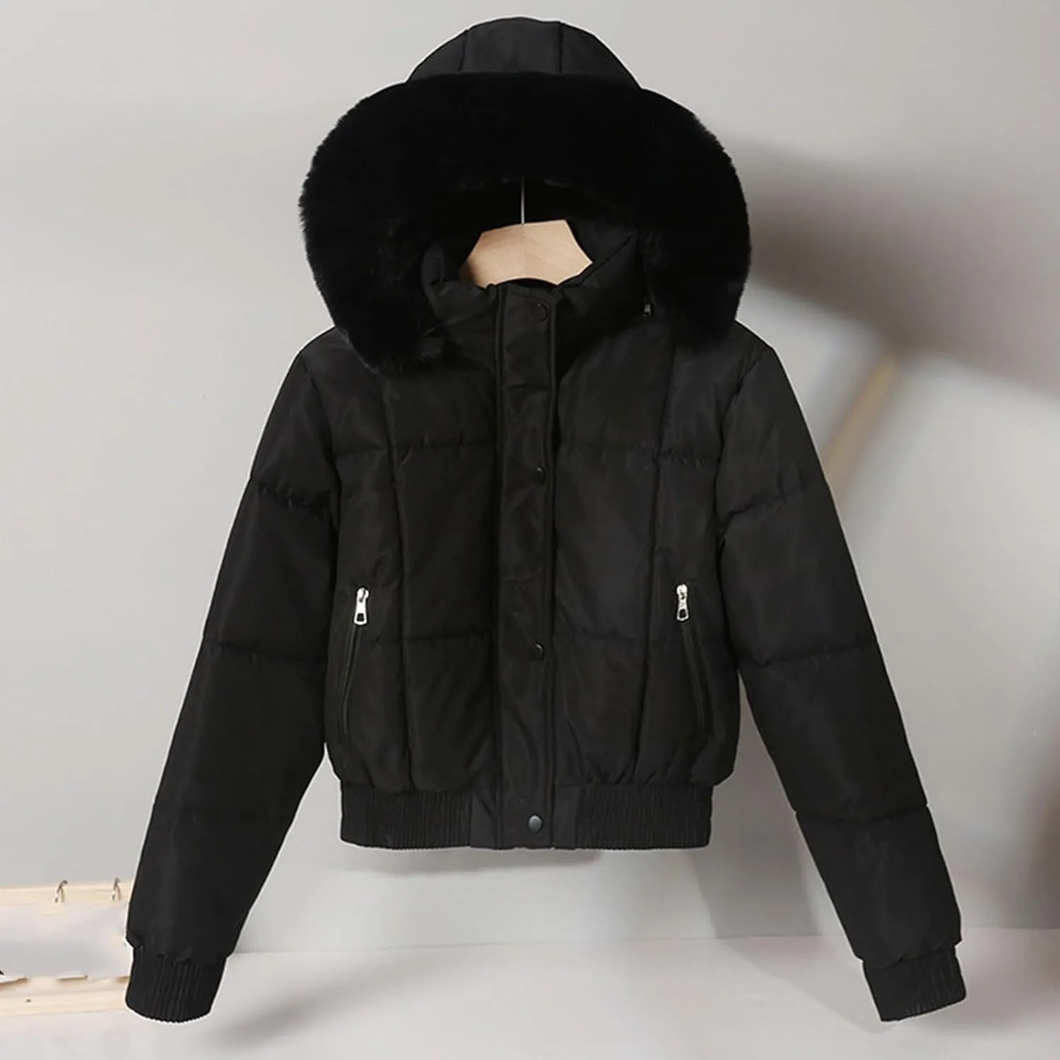Womens Puffer Fleece Lined Jackets, Hooded Zipper Button Cropped Casual Coats, Down Padded Cotton Winter Outerwear