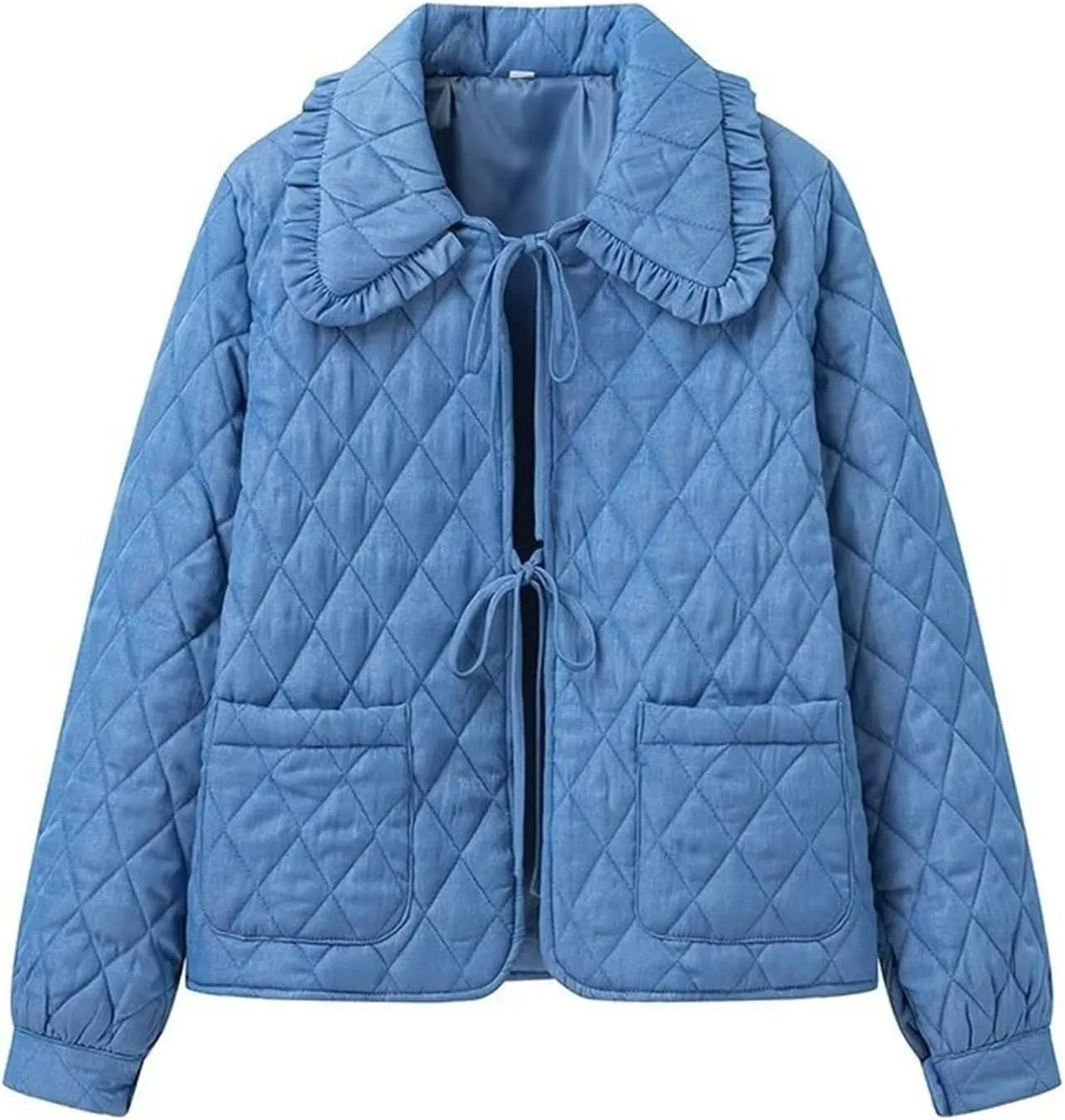 Women's Quilted Lightweight Jackets Bow Tie Front Cropped Jacket Winter Doll Collar Cropped Cotton Padded Coat Jacket