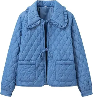 Women's Quilted Lightweight Jackets Bow Tie Front Cropped Jacket Winter Doll Collar Cropped Cotton Padded Coat Jacket