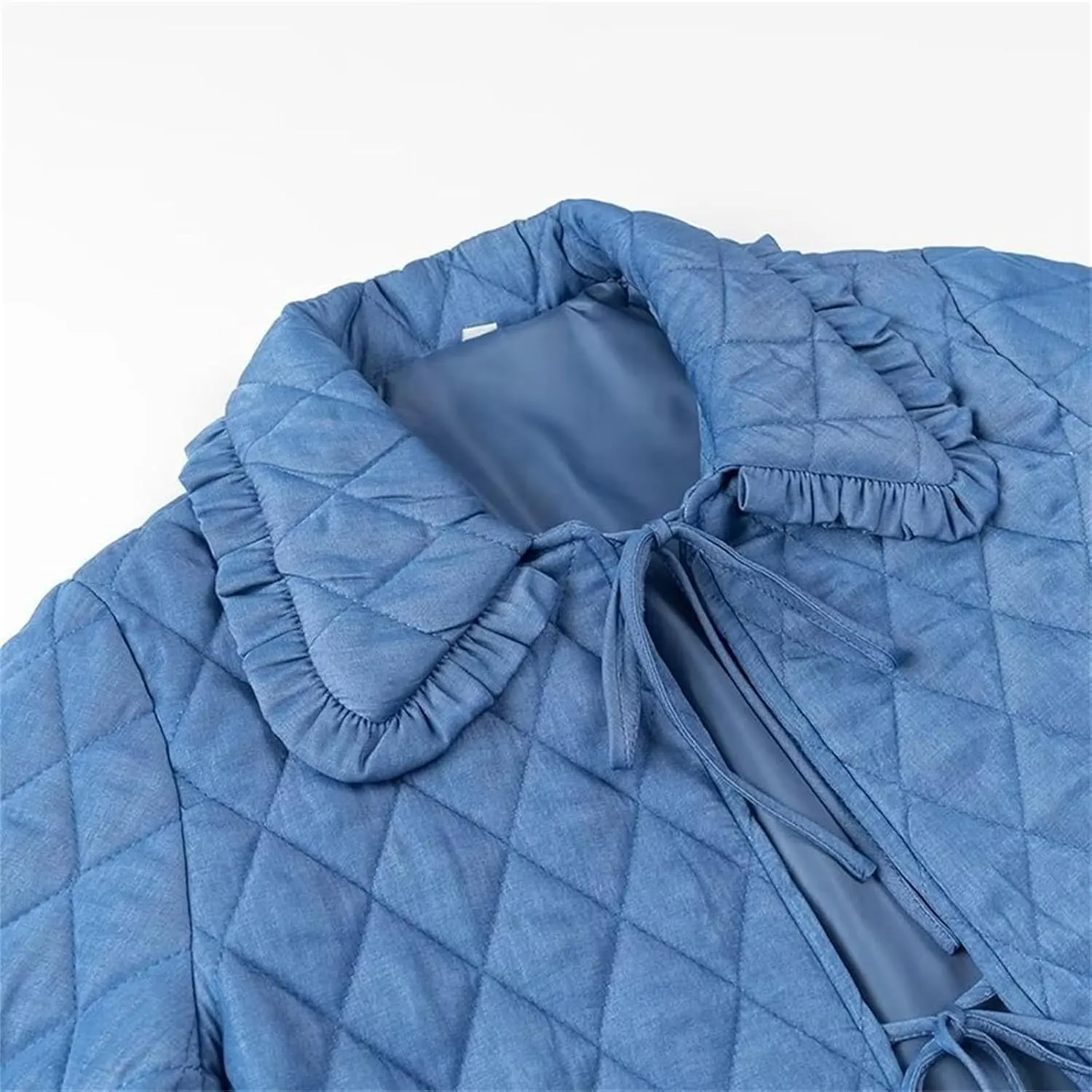 Women's Quilted Lightweight Jackets Bow Tie Front Cropped Jacket Winter Doll Collar Cropped Cotton Padded Coat Jacket