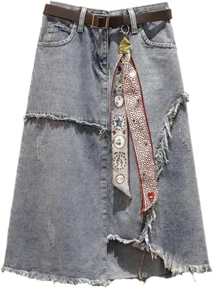 Women's raw Edge Denim Long Skirt, Irregular high Waisted Denim Skirt, Slim A-line Casual Denim Long Skirt (Large)