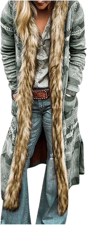 Womens Raw Hem Long Cardigans Trench Coat Oversized Boho Western Faux Fur Hoodie Overcoat Vintage Midi Length Outwear