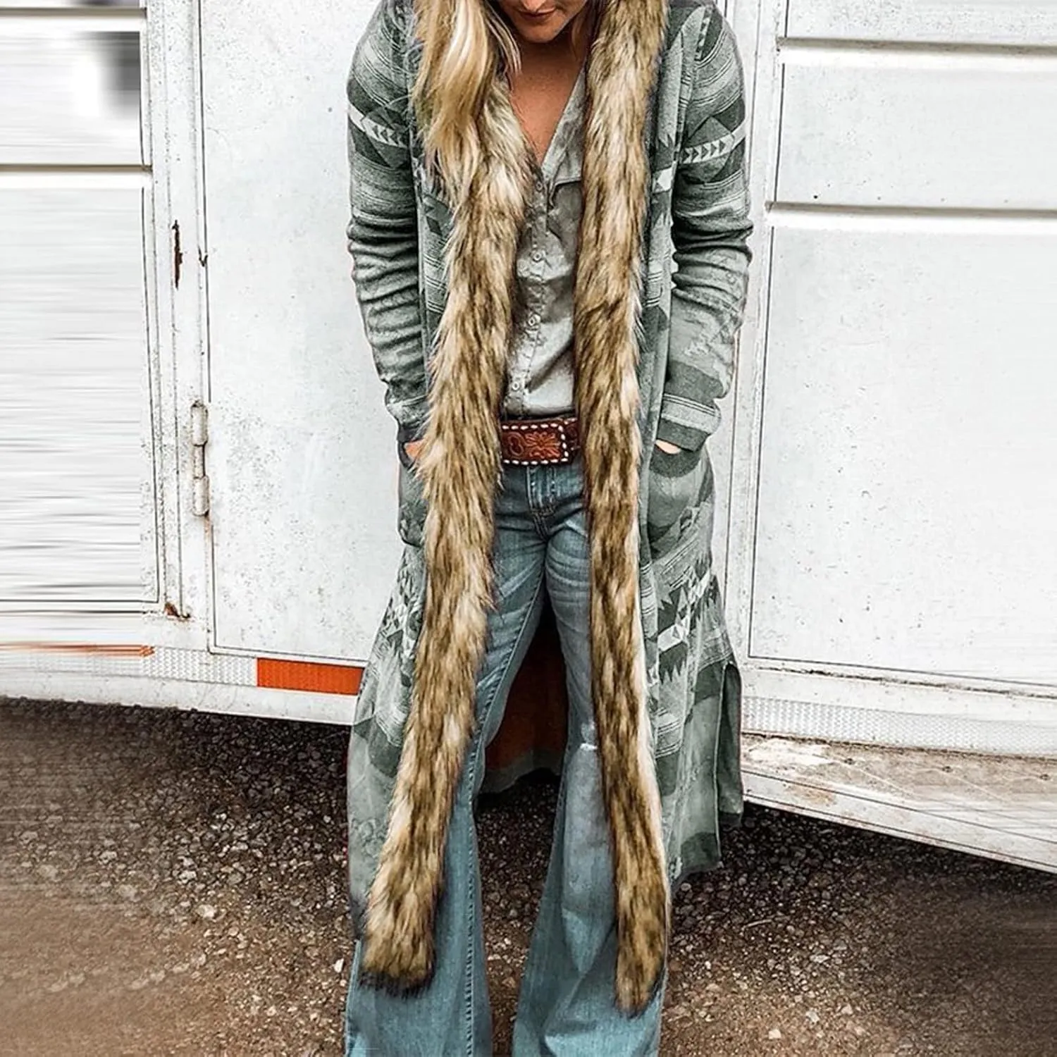 Womens Raw Hem Long Cardigans Trench Coat Oversized Boho Western Faux Fur Hoodie Overcoat Vintage Midi Length Outwear