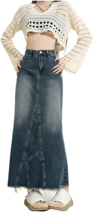 Women's Retro Denim Skirt, high Waisted Split Fish Tail Denim Long Skirt, Casual raw Hem Over Knee Denim Skirt (Medium,Medium,Regular,Regular)