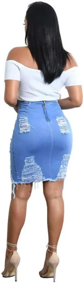 Women's Ripped Denim Skirts High Waisted Distressed Jean Pencil Skirts Denim Dress