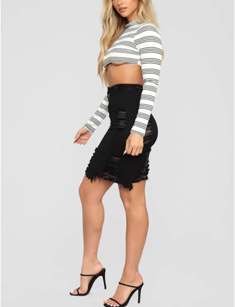 Women's Ripped Denim Skirts High Waisted Distressed Jean Pencil Skirts Denim Dress