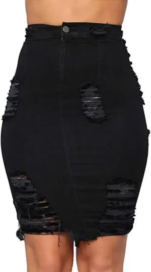 Women's Ripped Denim Skirts High Waisted Distressed Jean Pencil Skirts Denim Dress