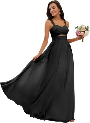 Womens Ruched Straps Bridesmaid Dresses Long Chiffon A Line Cutout Formal Wedding Guest Dresses