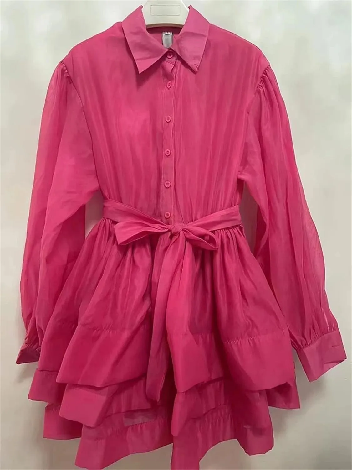 Women's Ruffle Lace Up Mini Dresses Lapel Long Sleeve High Waist Dress