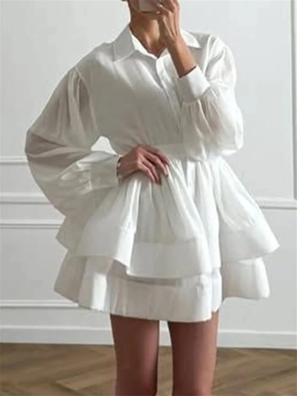 Women's Ruffle Lace Up Mini Dresses Lapel Long Sleeve High Waist Dress