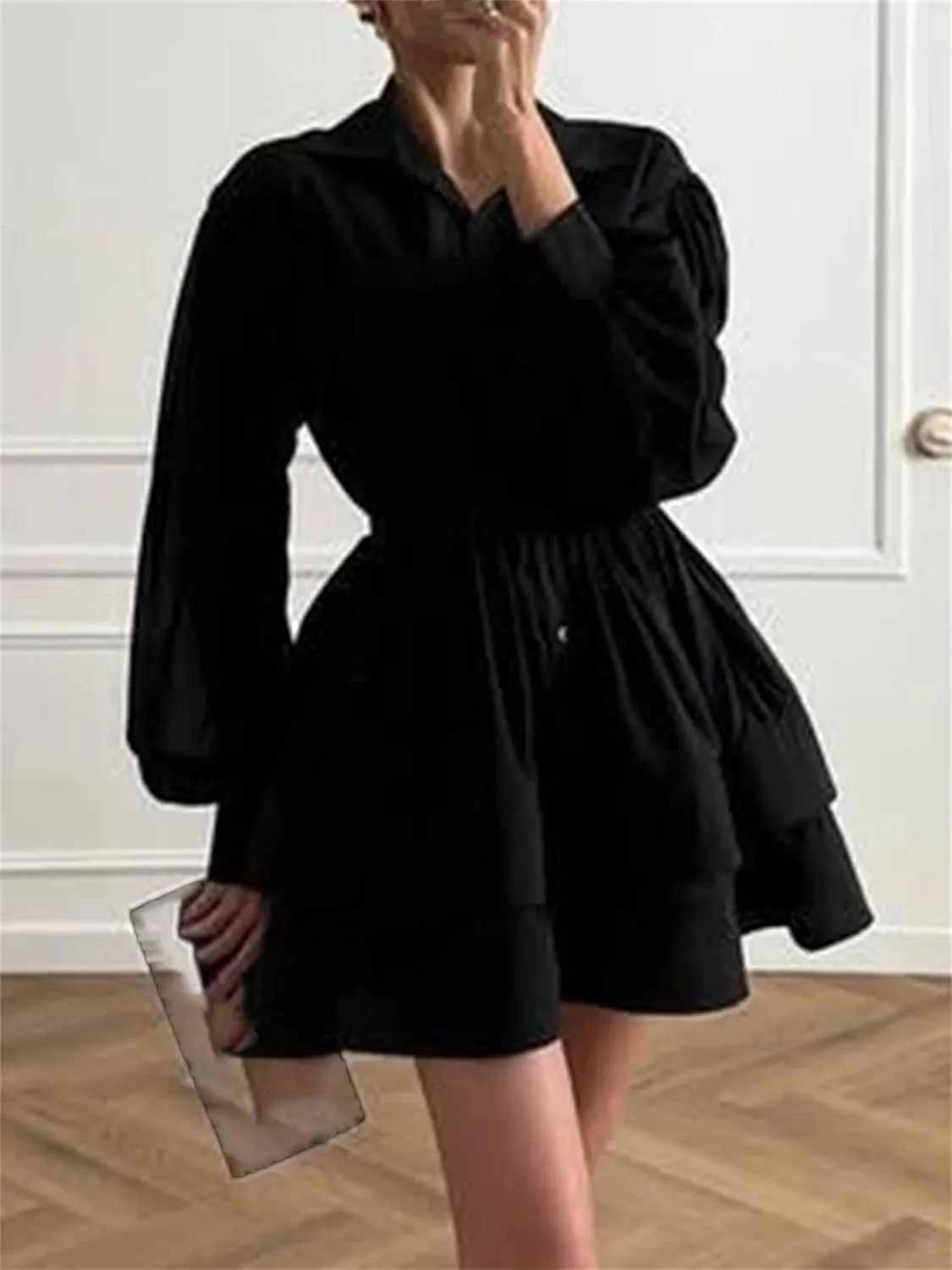 Women's Ruffle Lace Up Mini Dresses Lapel Long Sleeve High Waist Dress