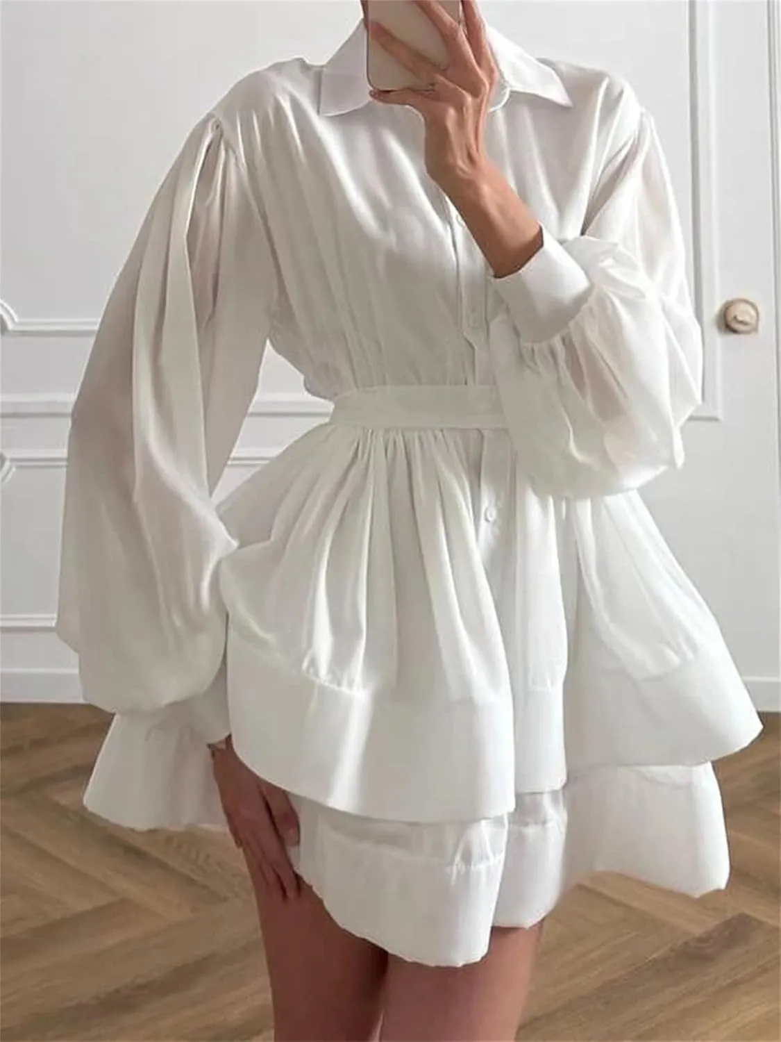 Women's Ruffle Lace Up Mini Dresses Lapel Long Sleeve High Waist Dress