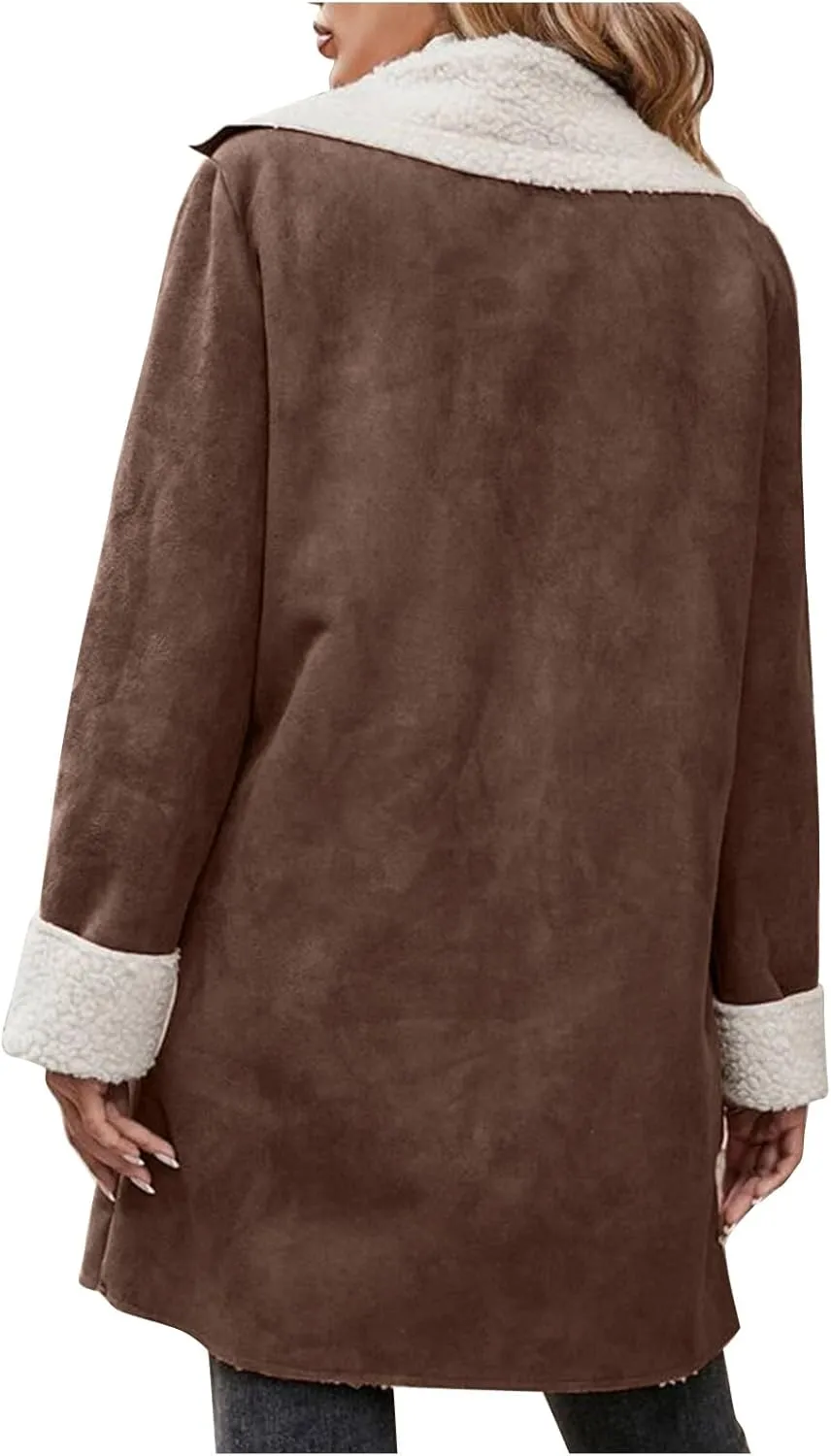 Womens Sherpa Fleece Lined Jacket Lamb Wool Padded Trench Coat Button Lapel Collar Parka Faux Suede Pea Coat Outerwear
