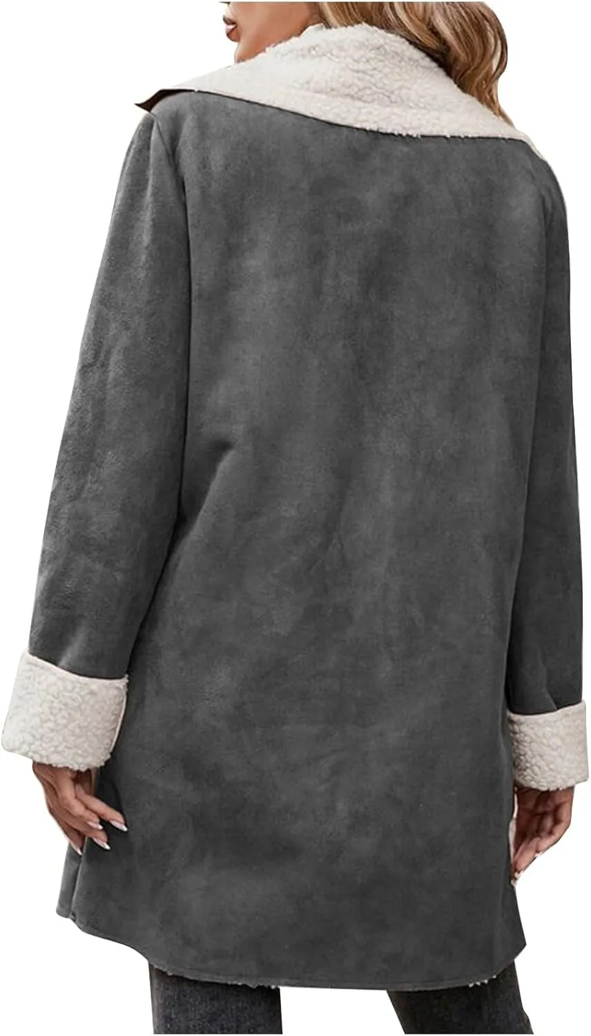 Womens Sherpa Fleece Lined Jacket Lamb Wool Padded Trench Coat Button Lapel Collar Parka Faux Suede Pea Coat Outerwear