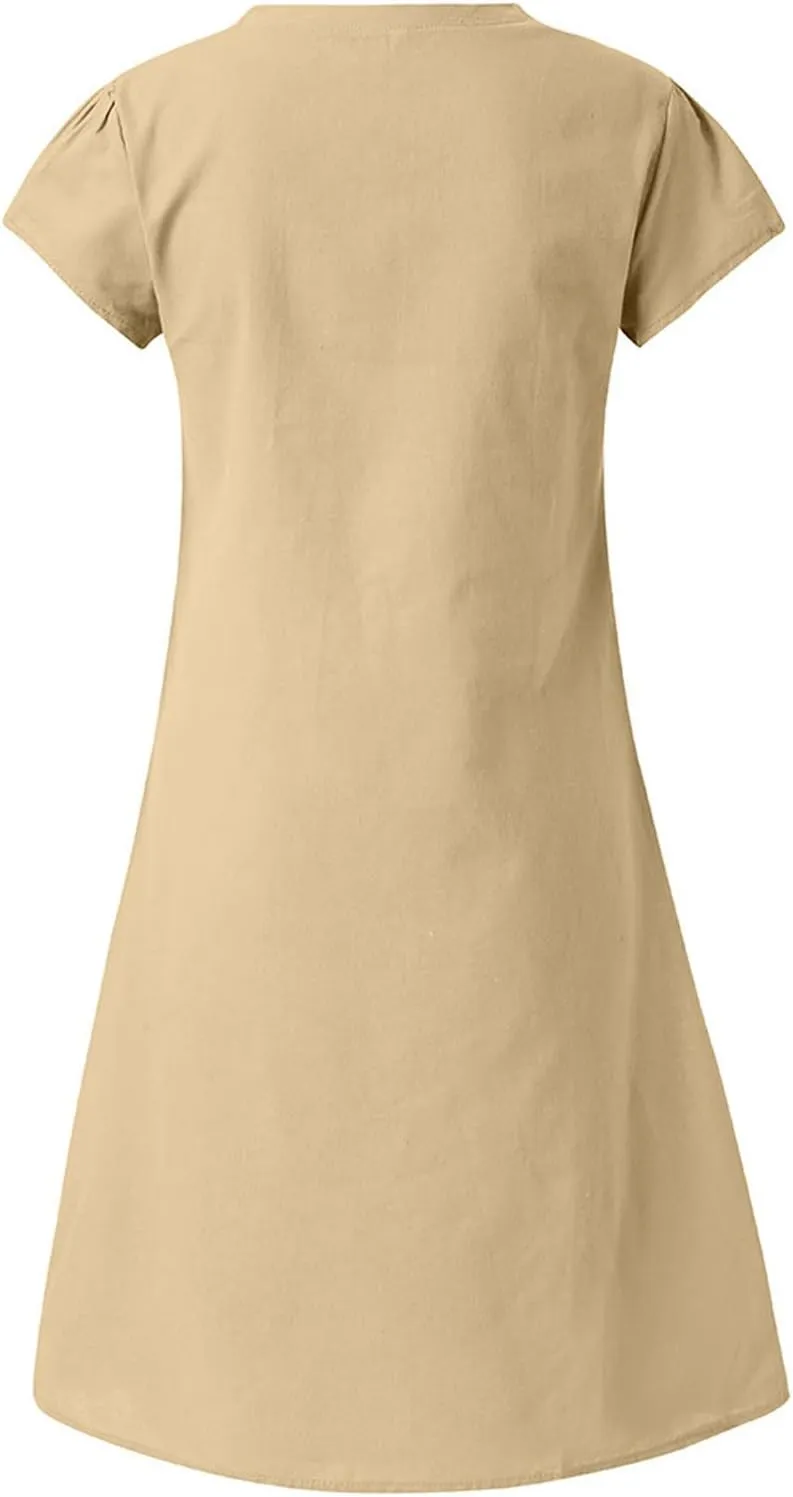 Womens Short Sleeve Cotton Linen Beach Dresses Simple Solid Color A Line Sundress V-Neck Loose Clothes
