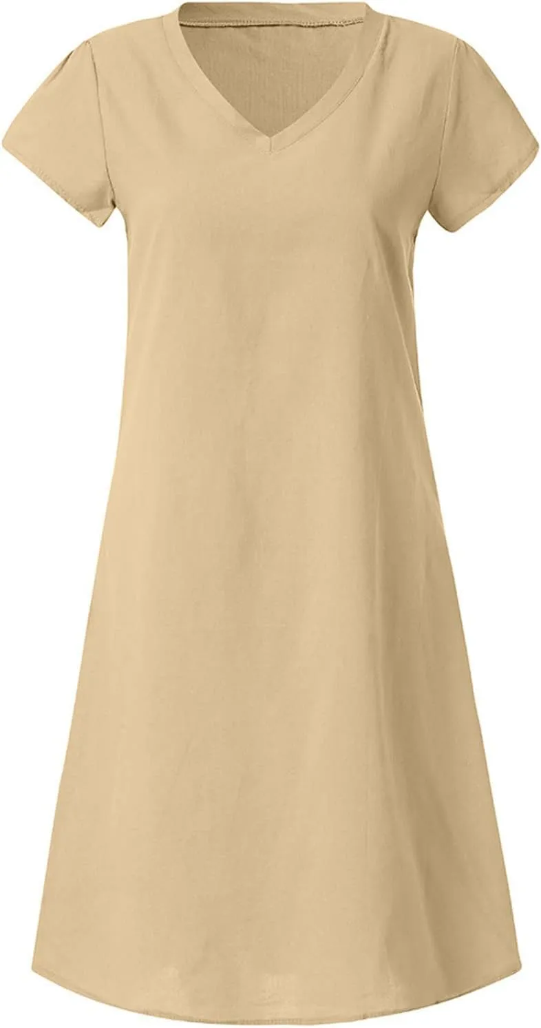 Womens Short Sleeve Cotton Linen Beach Dresses Simple Solid Color A Line Sundress V-Neck Loose Clothes