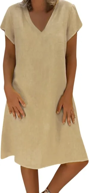 Womens Short Sleeve Cotton Linen Beach Dresses Simple Solid Color A Line Sundress V-Neck Loose Clothes